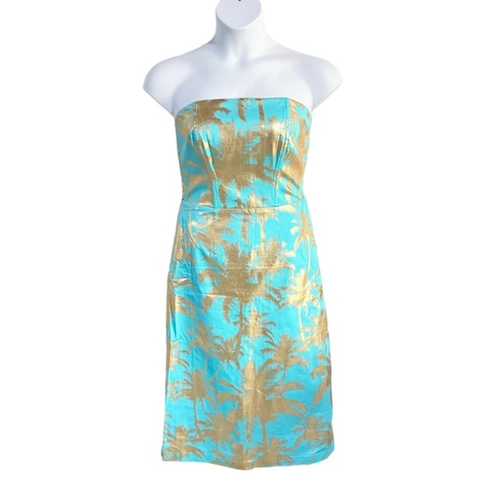 Tori Richard Turquoise Gold Royal Palm Daryl Strapless Sheath Dress Size 8 NWT